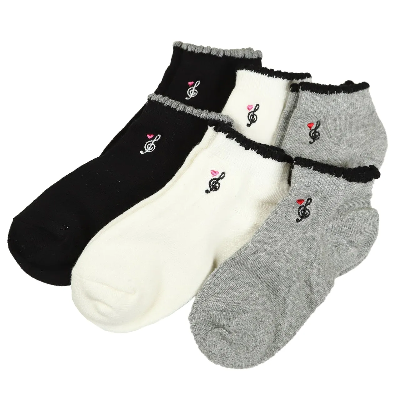 【 お得 】 キッズ スニーカーソックス 靴下 6足組 16-18cm～22-24cm (スニーカー丈 綿混 ソックス くつ下 くつした ハート柄 音符柄) (在庫限り)