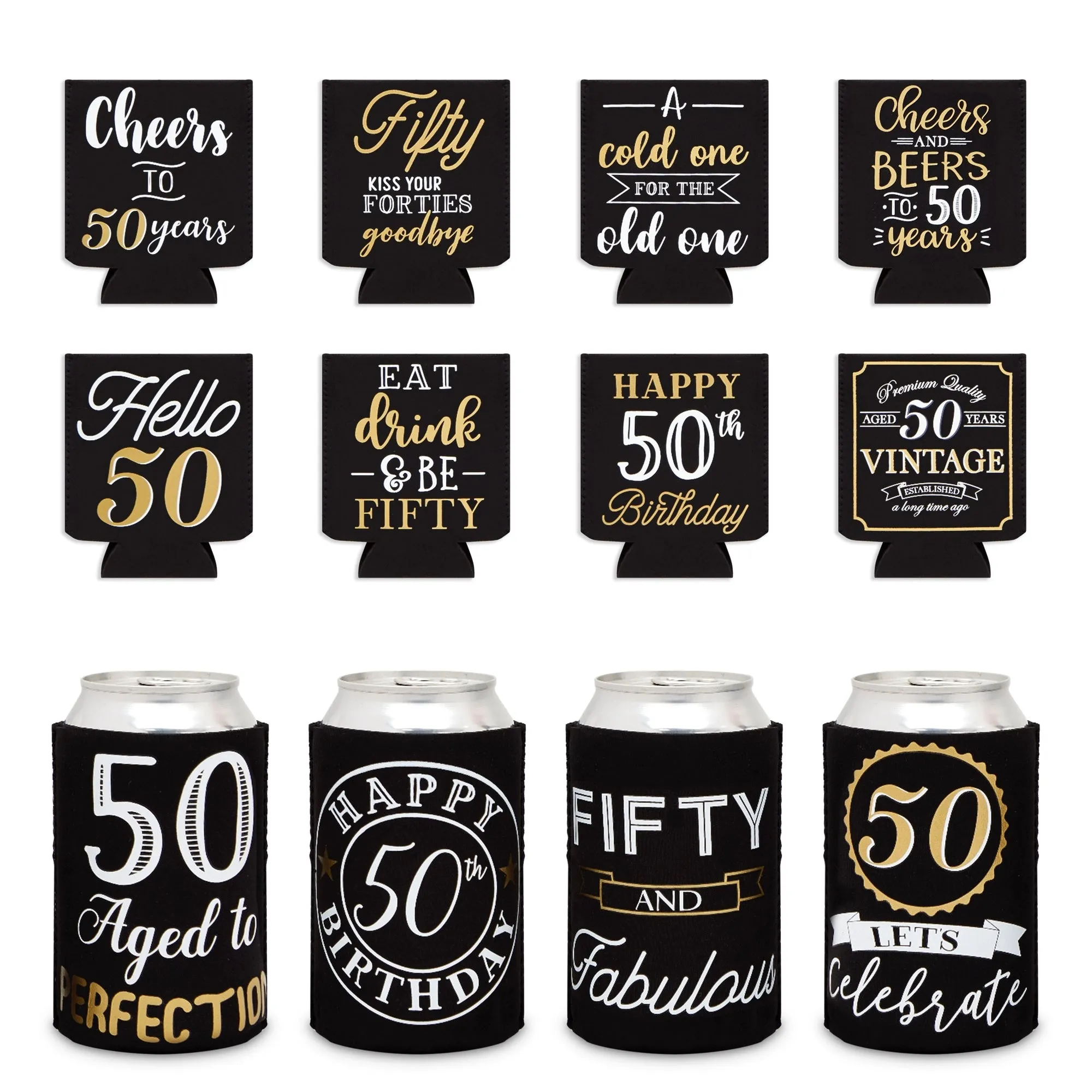 12-Pack 50th Birthday Can Cooler Sleeves for Soda Cans, Bottles - Cheers and Beers to 50 Years Decorations and Party Favors for Men, Women (Black and Gold, 3.8x5.3 in)