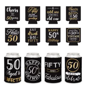 12-Pack 50th Birthday Can Cooler Sleeves for Soda Cans, Bottles - Cheers and Beers to 50 Years Decorations and Party Favors for Men, Women (Black and Gold, 3.8x5.3 in)
