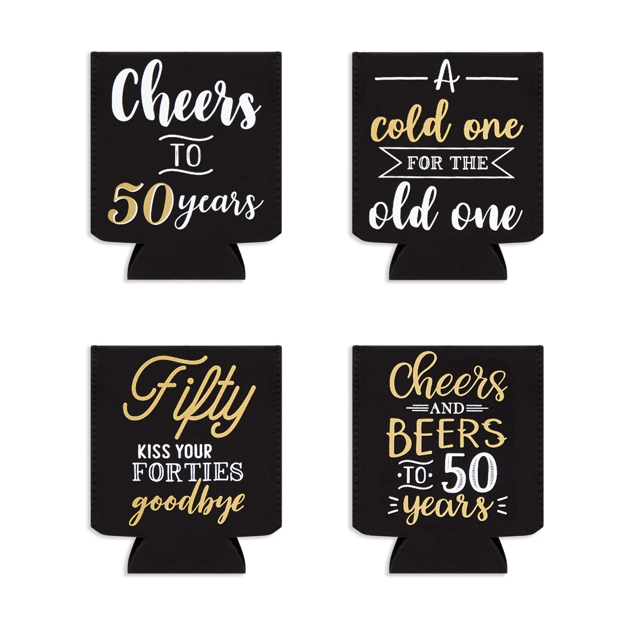 12-Pack 50th Birthday Can Cooler Sleeves for Soda Cans, Bottles - Cheers and Beers to 50 Years Decorations and Party Favors for Men, Women (Black and Gold, 3.8x5.3 in)