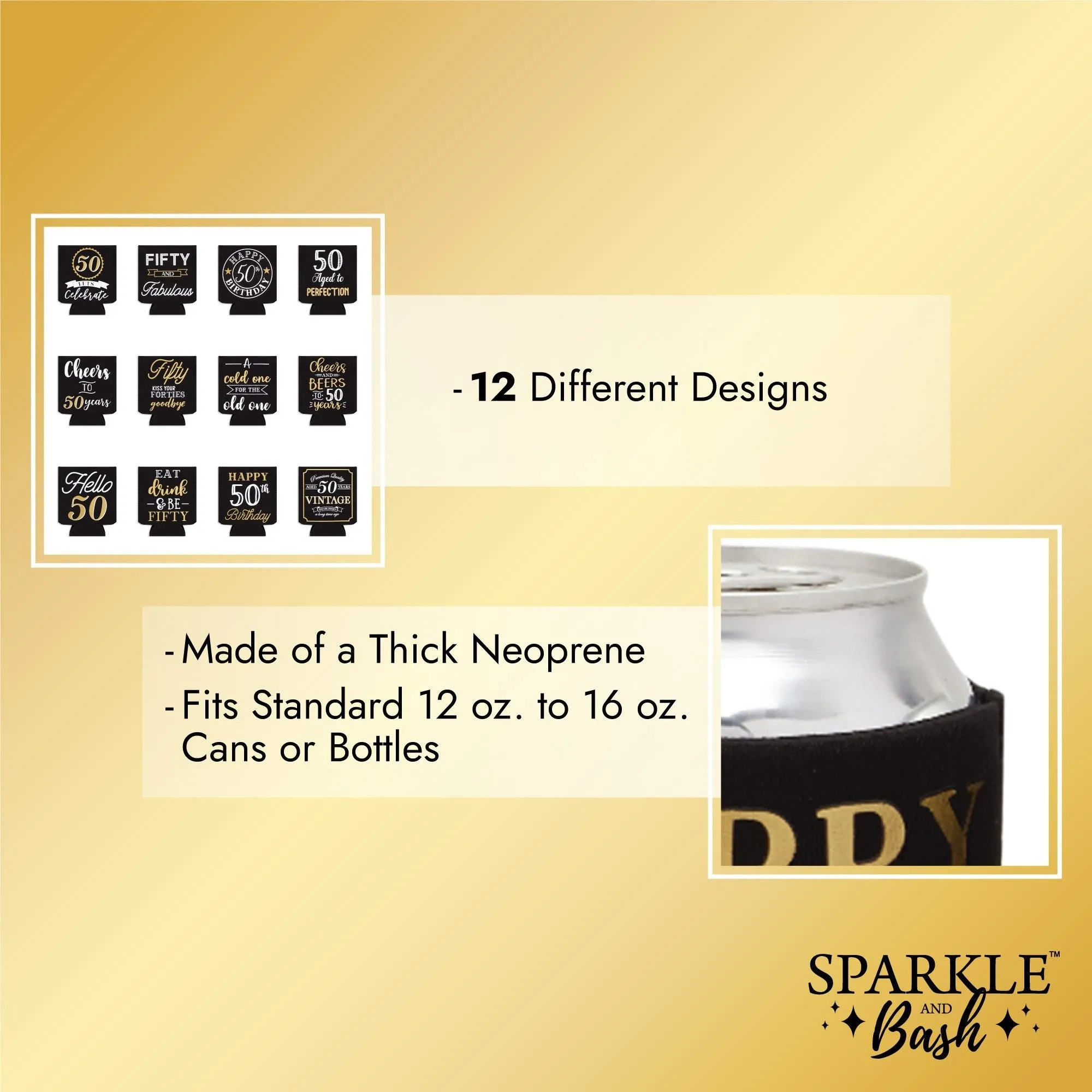 12-Pack 50th Birthday Can Cooler Sleeves for Soda Cans, Bottles - Cheers and Beers to 50 Years Decorations and Party Favors for Men, Women (Black and Gold, 3.8x5.3 in)