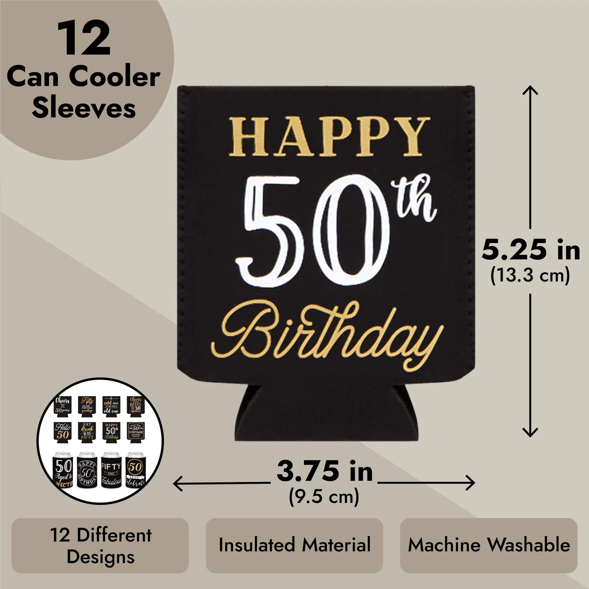 12-Pack 50th Birthday Can Cooler Sleeves for Soda Cans, Bottles - Cheers and Beers to 50 Years Decorations and Party Favors for Men, Women (Black and Gold, 3.8x5.3 in)