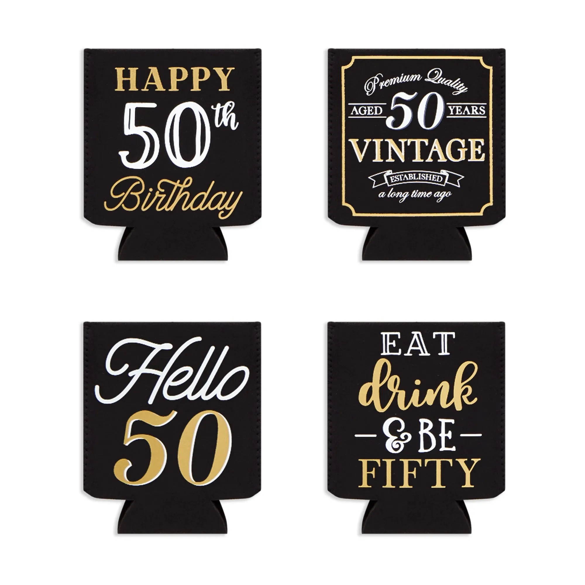 12-Pack 50th Birthday Can Cooler Sleeves for Soda Cans, Bottles - Cheers and Beers to 50 Years Decorations and Party Favors for Men, Women (Black and Gold, 3.8x5.3 in)