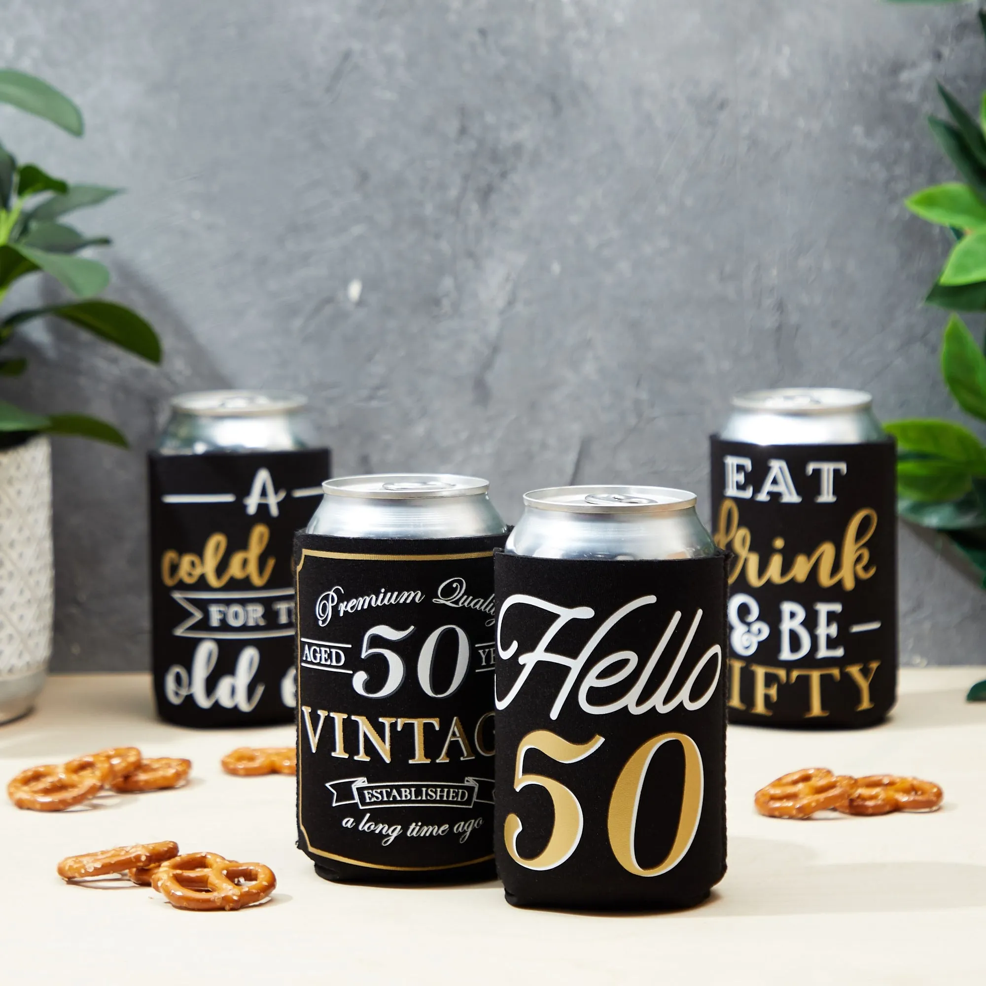 12-Pack 50th Birthday Can Cooler Sleeves for Soda Cans, Bottles - Cheers and Beers to 50 Years Decorations and Party Favors for Men, Women (Black and Gold, 3.8x5.3 in)