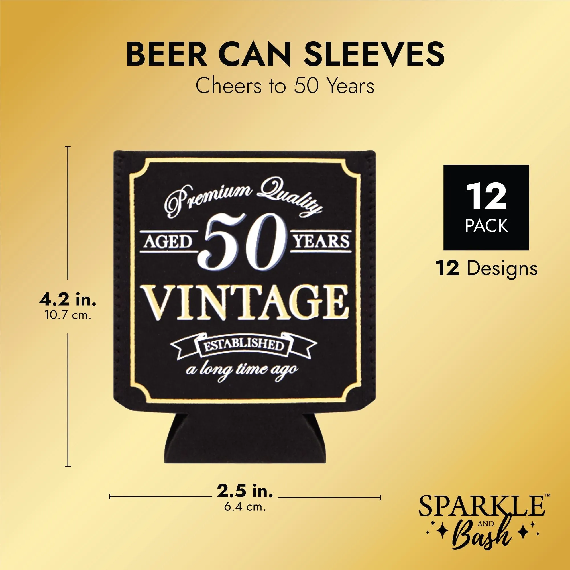 12-Pack 50th Birthday Can Cooler Sleeves for Soda Cans, Bottles - Cheers and Beers to 50 Years Decorations and Party Favors for Men, Women (Black and Gold, 3.8x5.3 in)