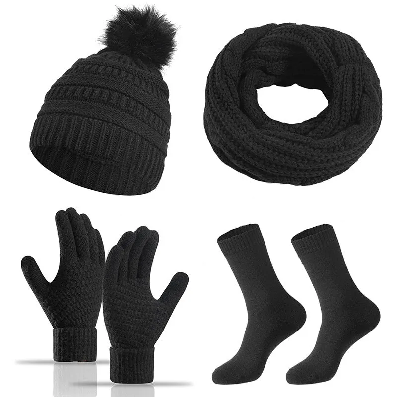 4 PCS Women's Winter Hat Scarf Gloves and Socks Set