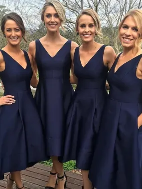 A-Line Bridesmaid Dress V Neck Sleeveless Elegant Satin
