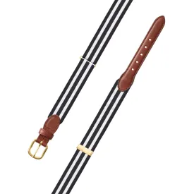 Adjustable Black & White Grosgrain Belt with Brown Leather Tabs