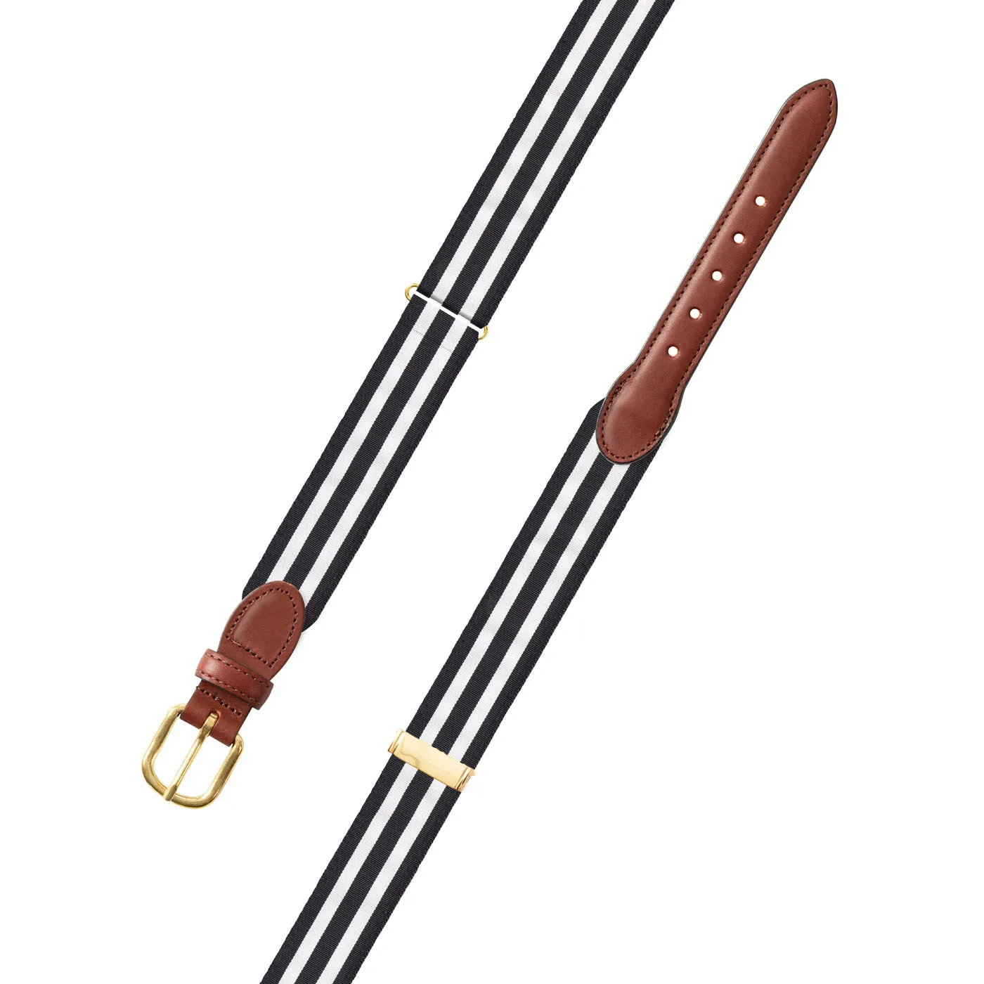 Adjustable Black & White Grosgrain Belt with Brown Leather Tabs