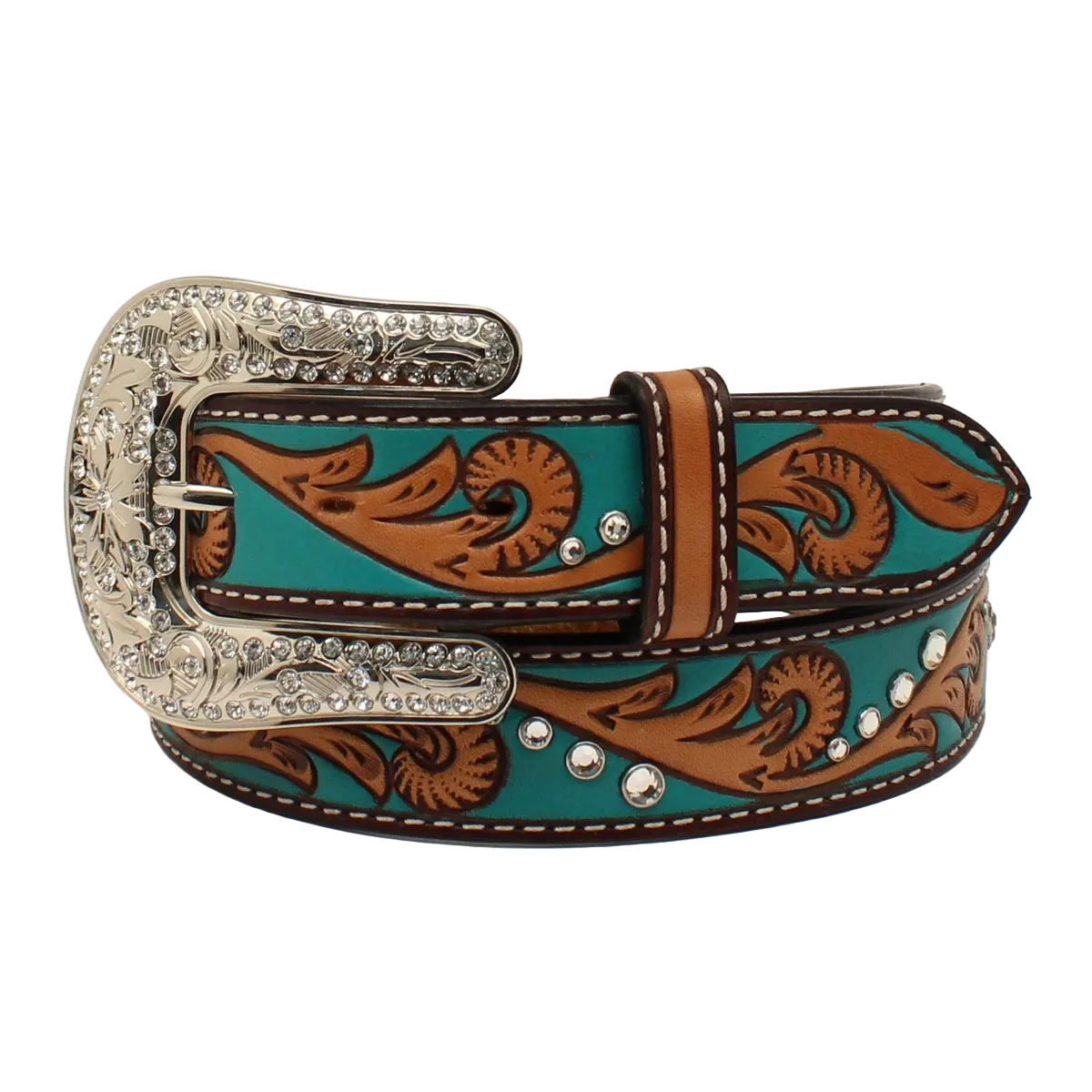 Angel Ranch Ladies Floral Scrolling Stones Turquoise & Tan Belt D140002708