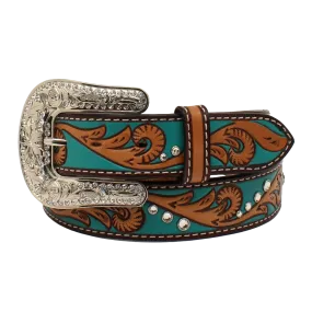 Angel Ranch Ladies Floral Scrolling Stones Turquoise & Tan Belt D140002708