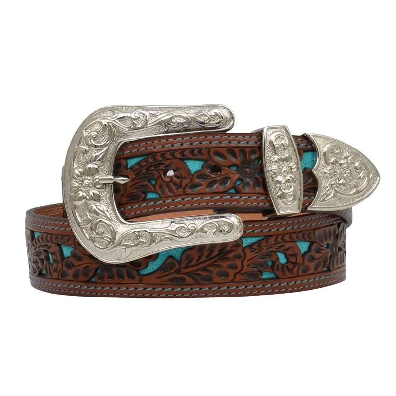 Angel Ranch Ladies Natural Floral Filigree Turquoise Inlay Belt DA1061
