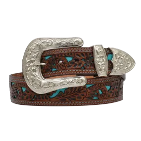 Angel Ranch Ladies Natural Floral Filigree Turquoise Inlay Belt DA1061