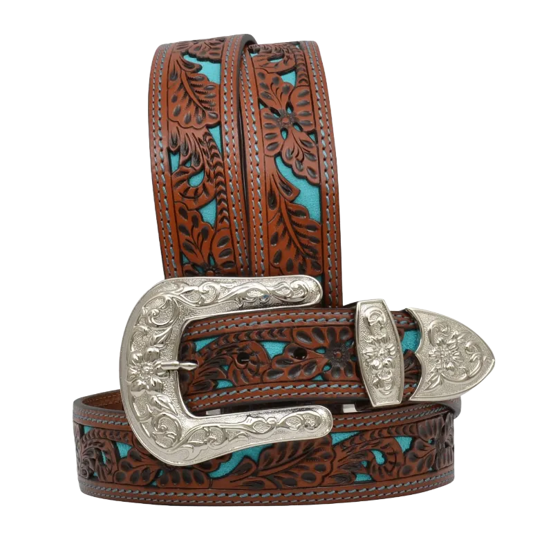 Angel Ranch Ladies Natural Floral Filigree Turquoise Inlay Belt DA1061