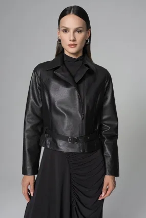 Black Genuine Leather Cropped Jacket with Stylish Belt