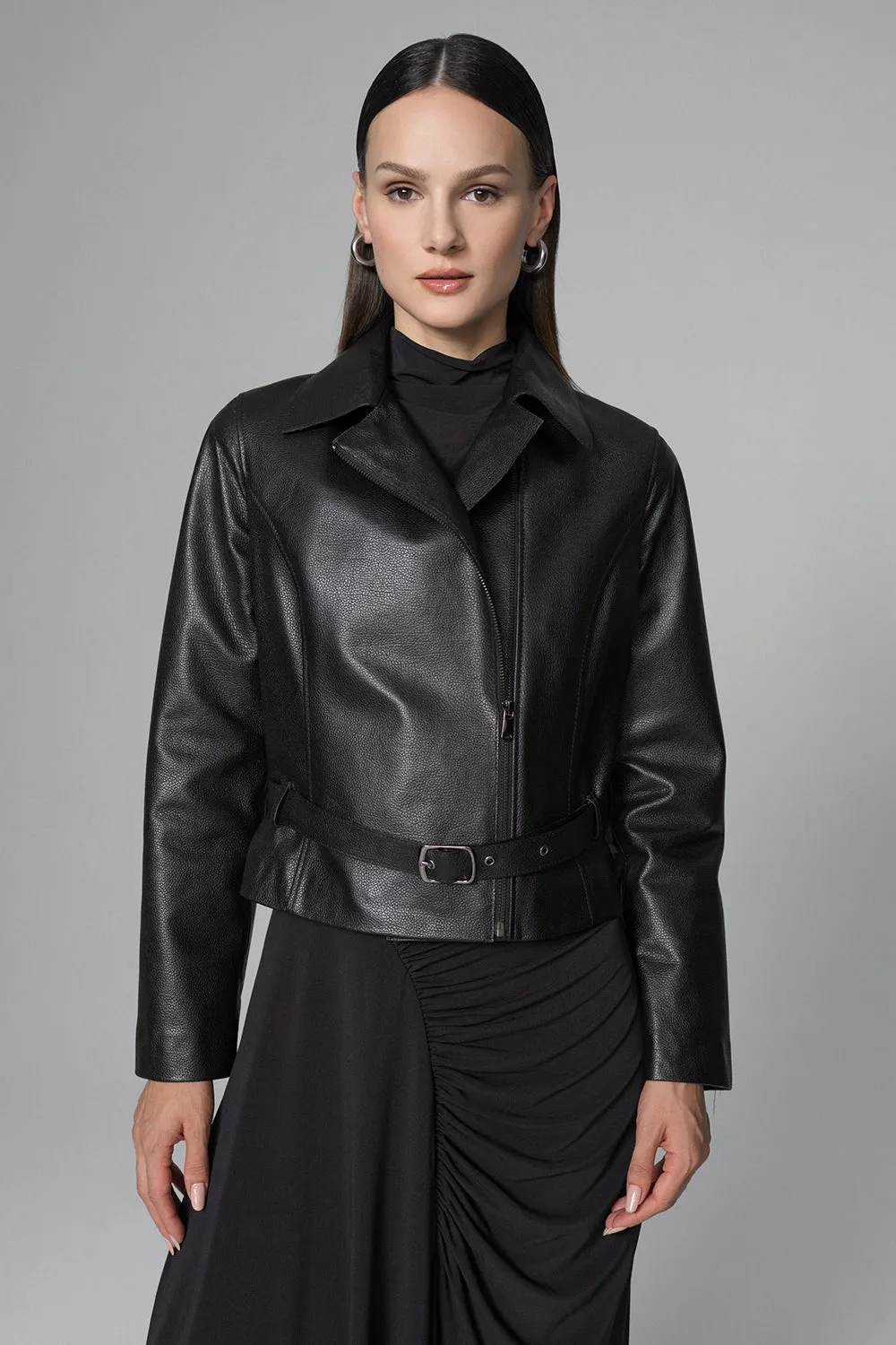 Black Genuine Leather Cropped Jacket with Stylish Belt
