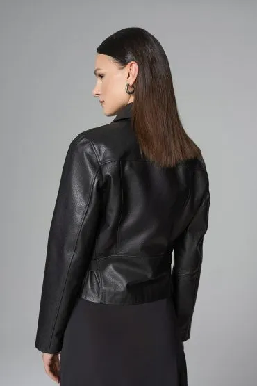 Black Genuine Leather Cropped Jacket with Stylish Belt