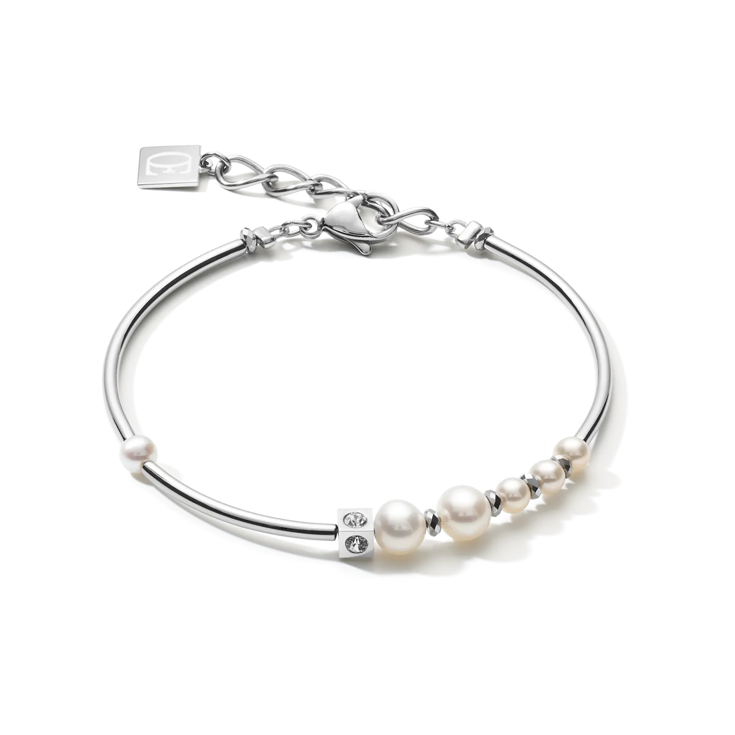 Bracelet Asymmetry freshwater pearls & stainless steel white-silver