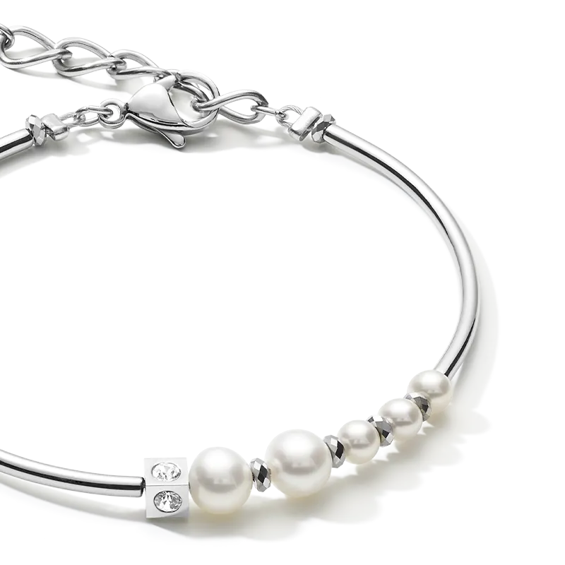 Bracelet Asymmetry freshwater pearls & stainless steel white-silver