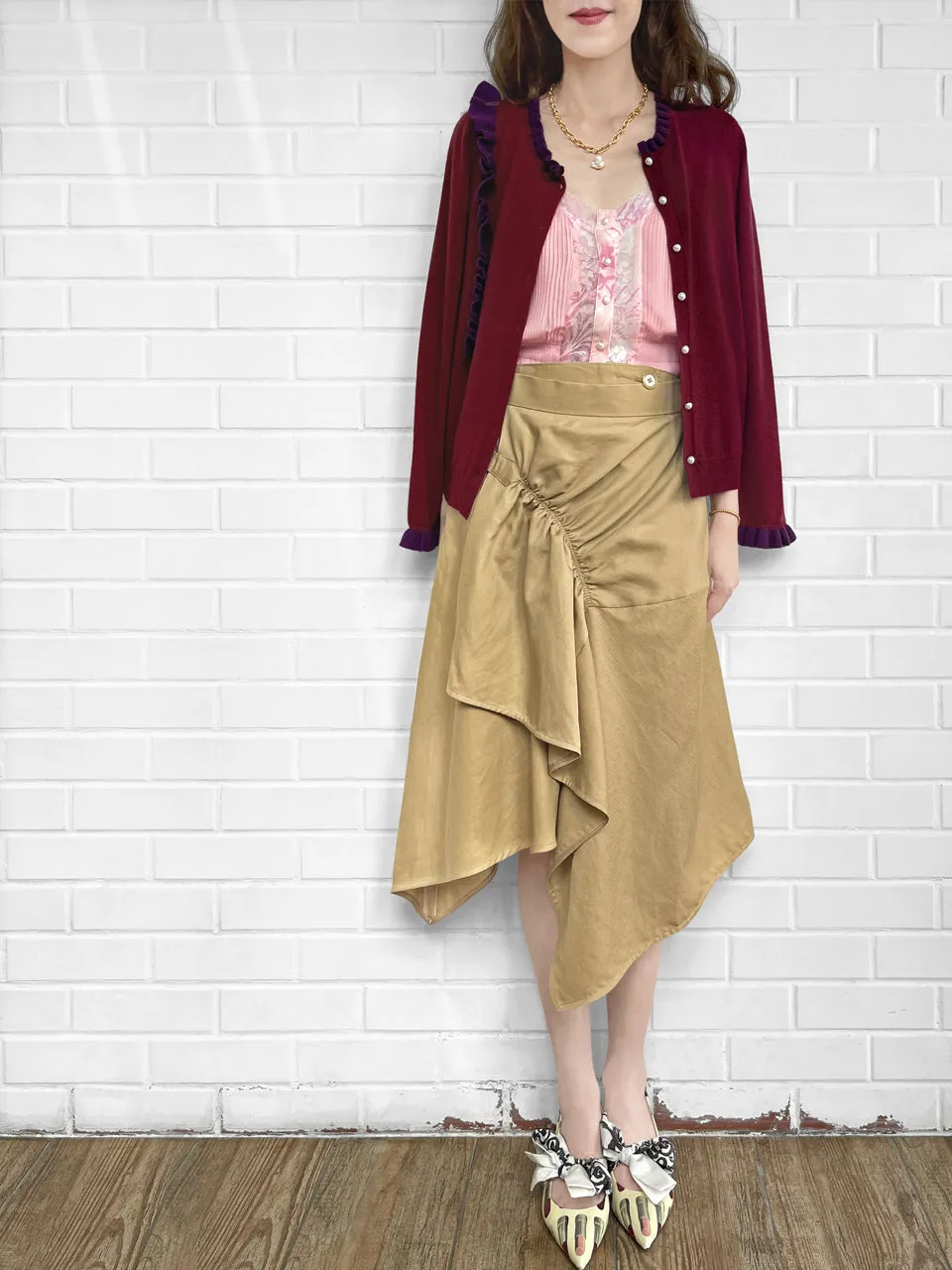 Burgundy/ Purple Contrast Ruffle Cashmere & Wool Cardigan