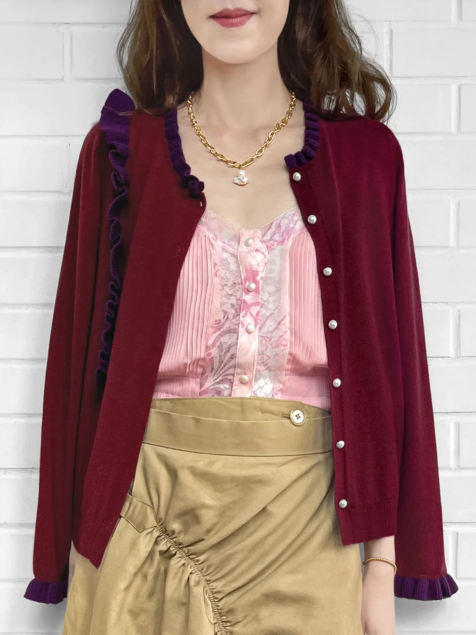 Burgundy/ Purple Contrast Ruffle Cashmere & Wool Cardigan