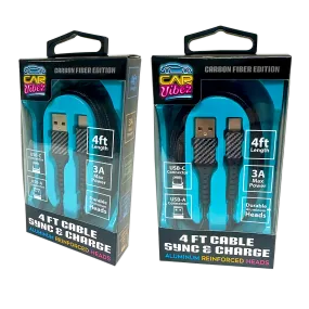 Charging Cable Carbon Fiber USB to USB-C 4FT 3 Amp - 3 Pieces Per Pack 24575