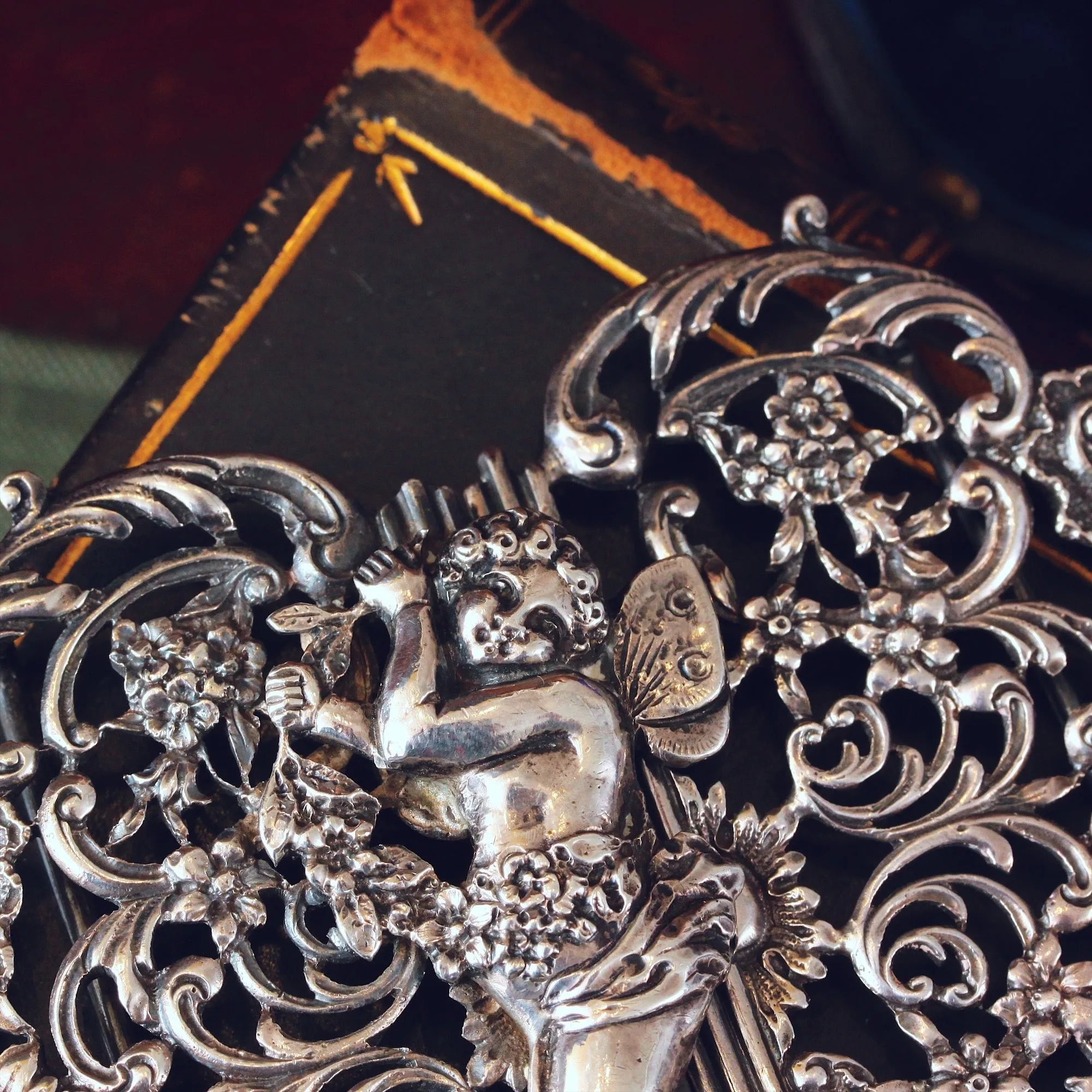 Elaborate Date 1895 Large Silver Cherub Buckle