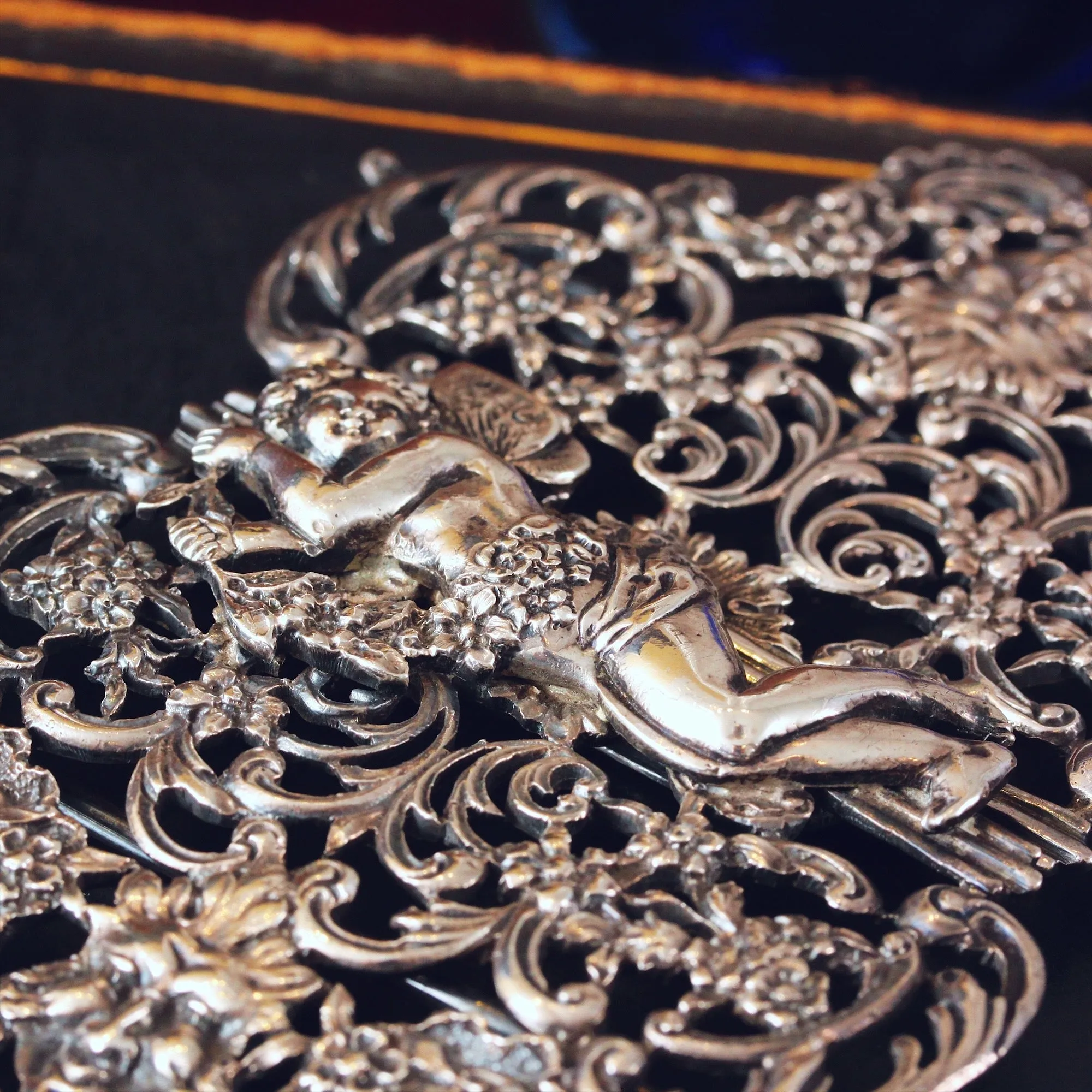 Elaborate Date 1895 Large Silver Cherub Buckle