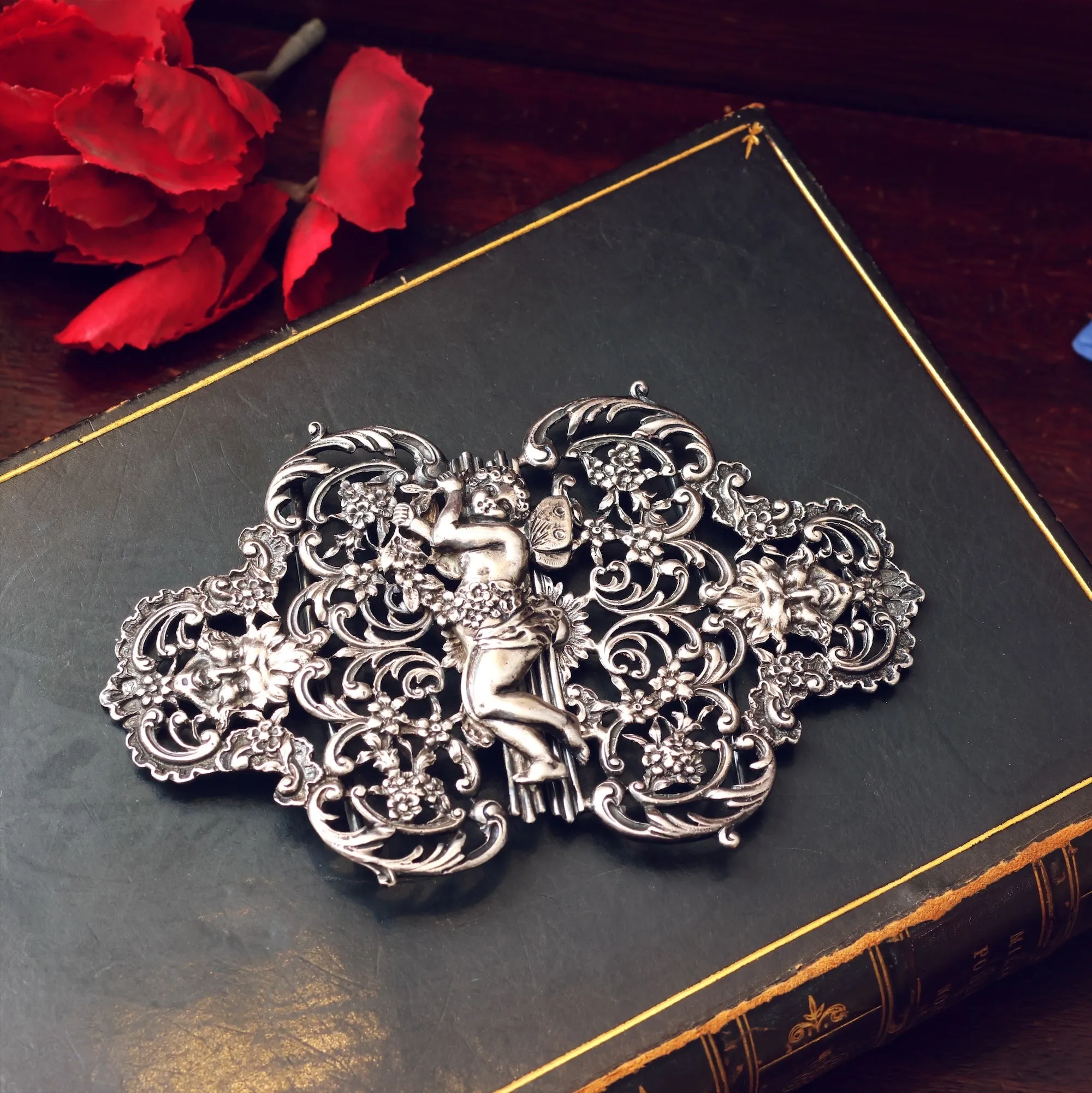 Elaborate Date 1895 Large Silver Cherub Buckle