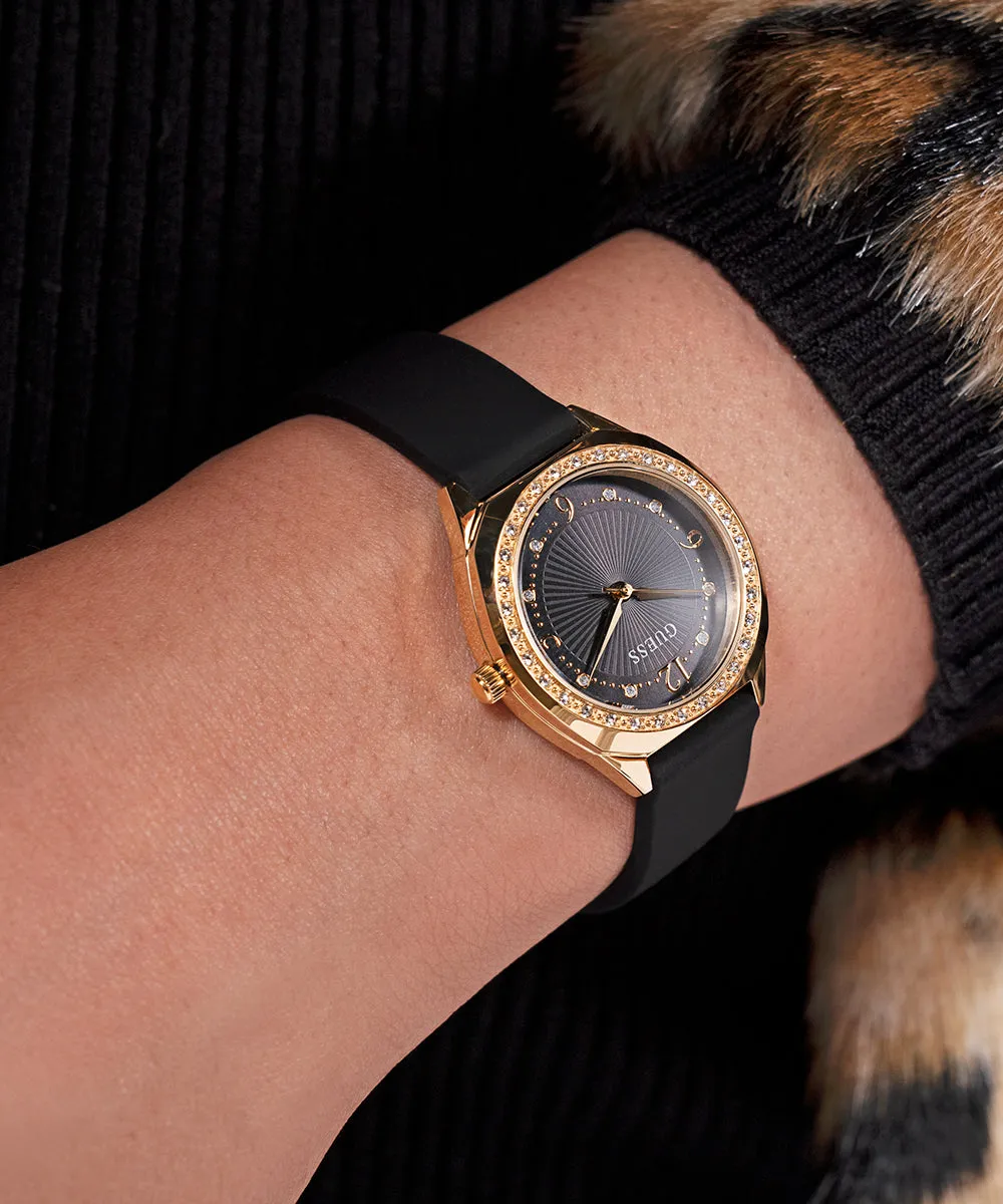 GUESS Ladies Black Gold Tone Analog Watch