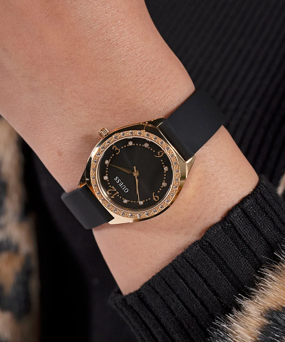 GUESS Ladies Black Gold Tone Analog Watch
