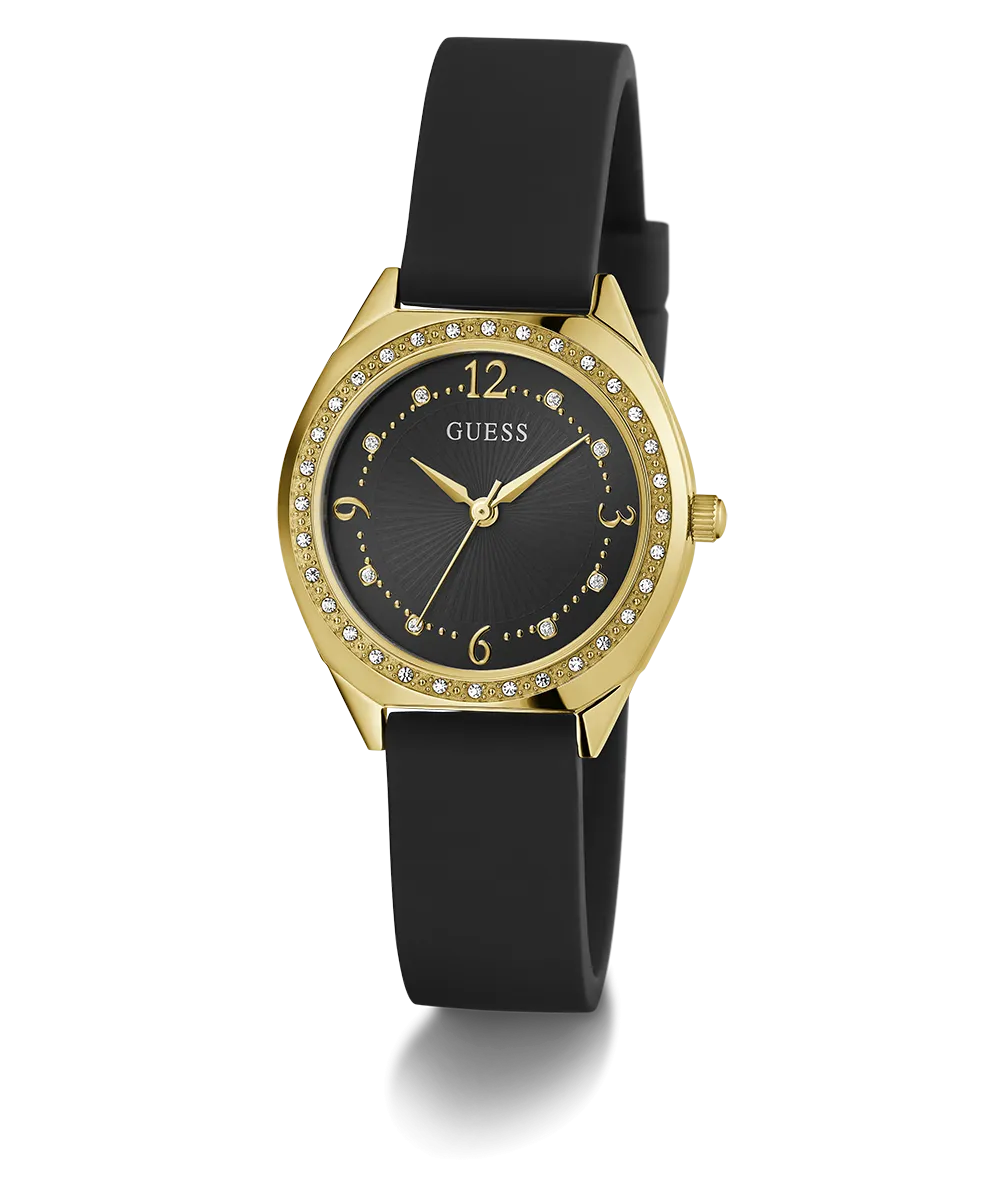 GUESS Ladies Black Gold Tone Analog Watch