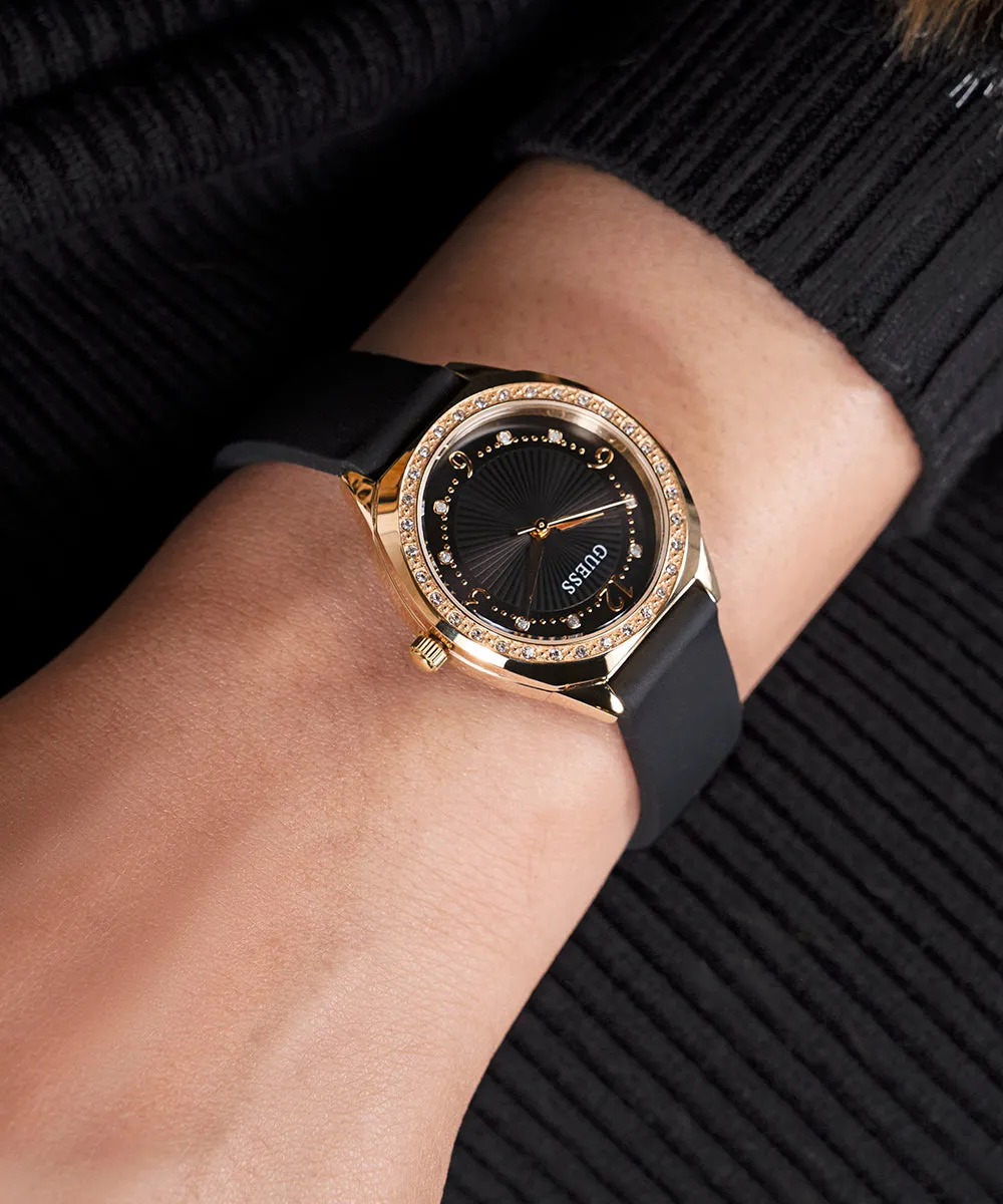 GUESS Ladies Black Gold Tone Analog Watch