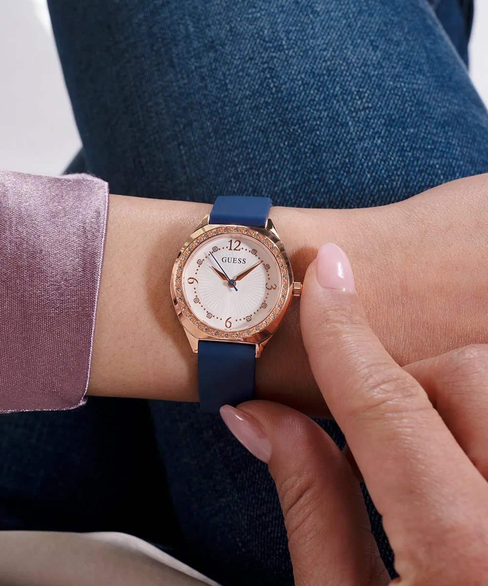 GUESS Ladies Blue Rose Gold Tone Analog Watch