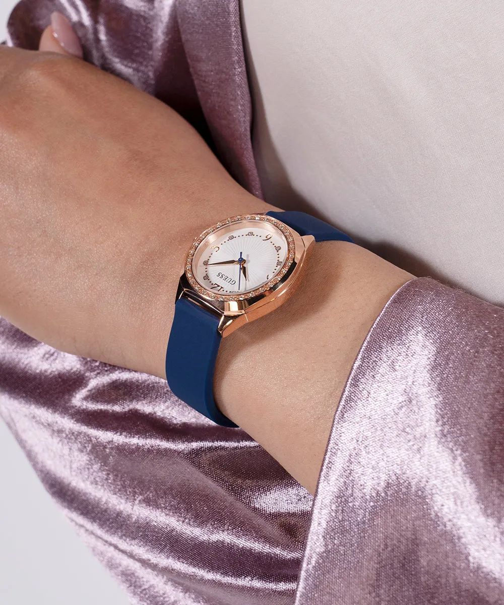 GUESS Ladies Blue Rose Gold Tone Analog Watch