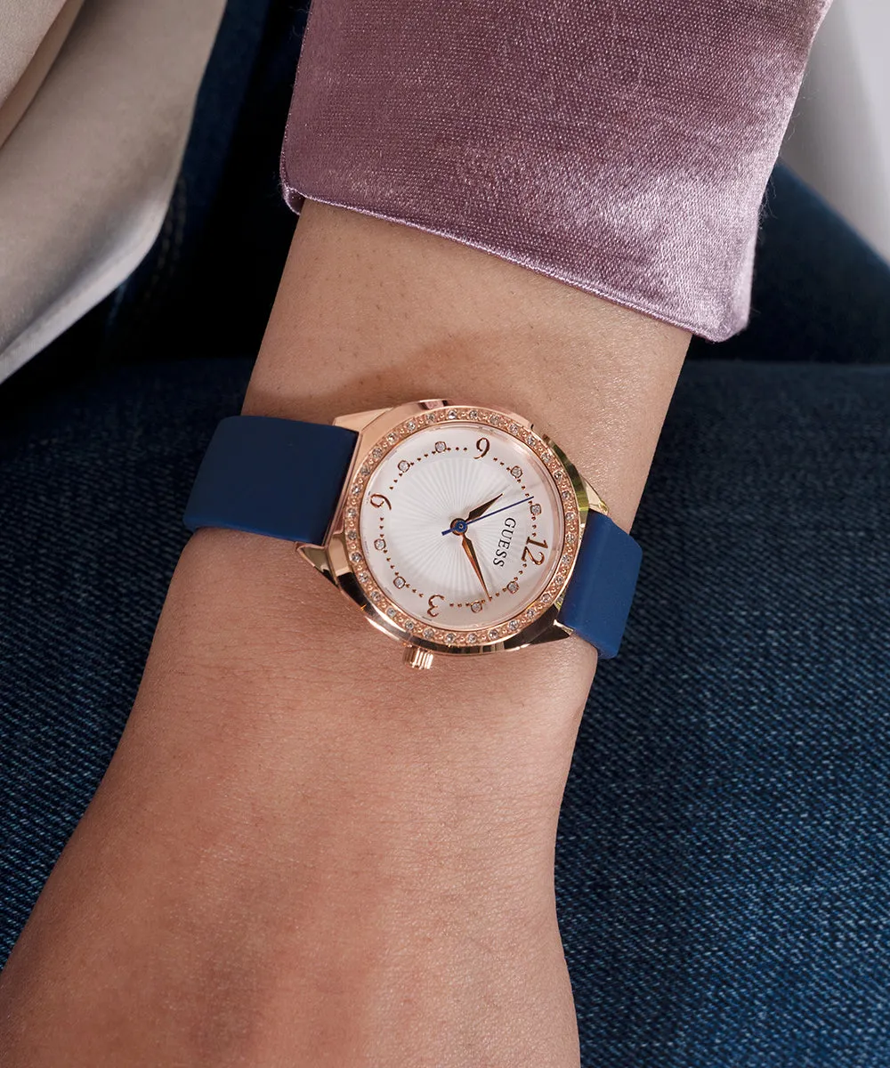 GUESS Ladies Blue Rose Gold Tone Analog Watch