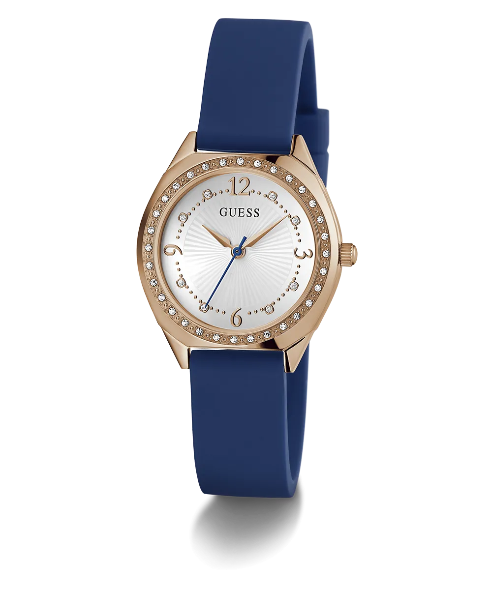 GUESS Ladies Blue Rose Gold Tone Analog Watch