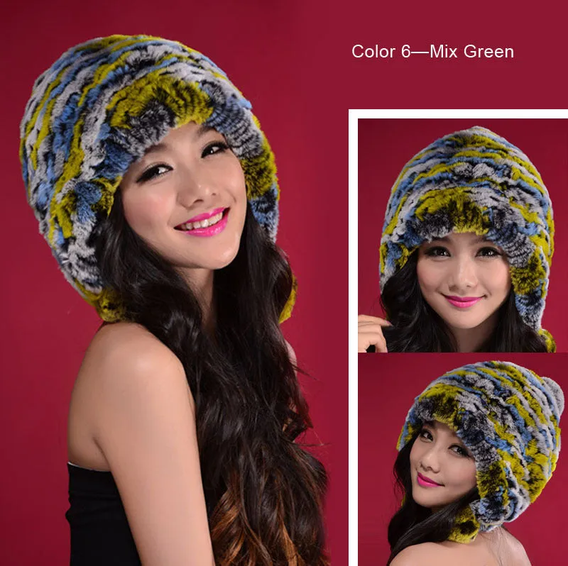 Knitted Real Rabbit Fur Hat Beanie Earmuff Bomber Hat  Women's Winter Hats 14606