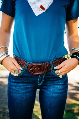 Leather Plaited Belt - Rich Brandy