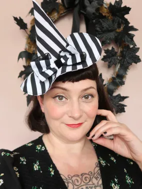 Mini Witch Hat Fascinator (black/white stripe with bow