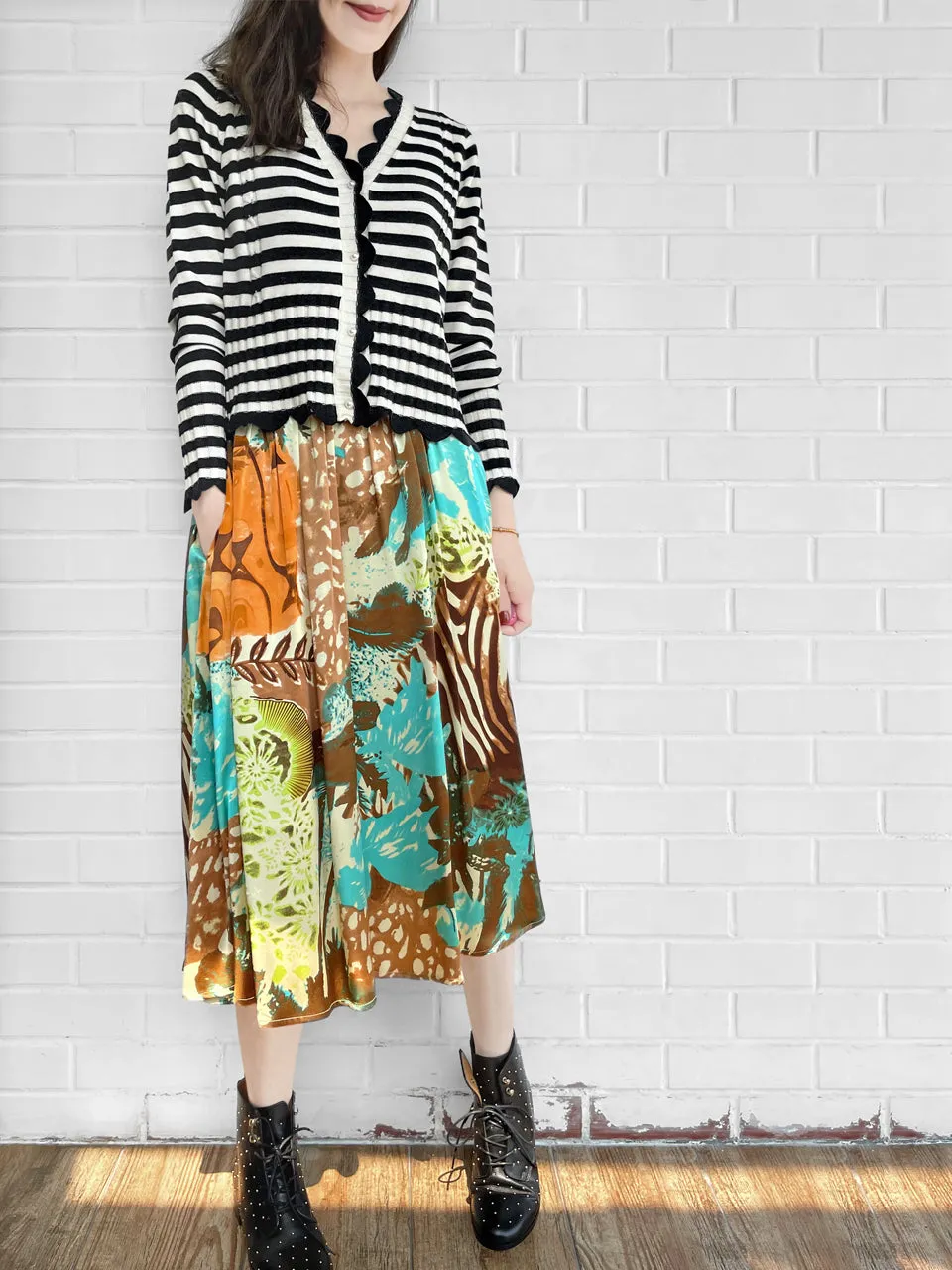 Mono Stripe Scalloped Cashmere & Wool Cropped Cardigan