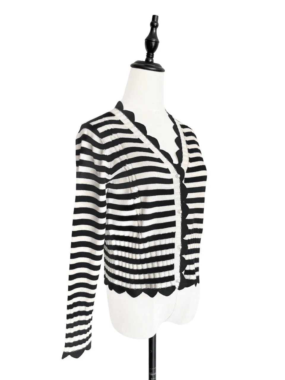 Mono Stripe Scalloped Cashmere & Wool Cropped Cardigan