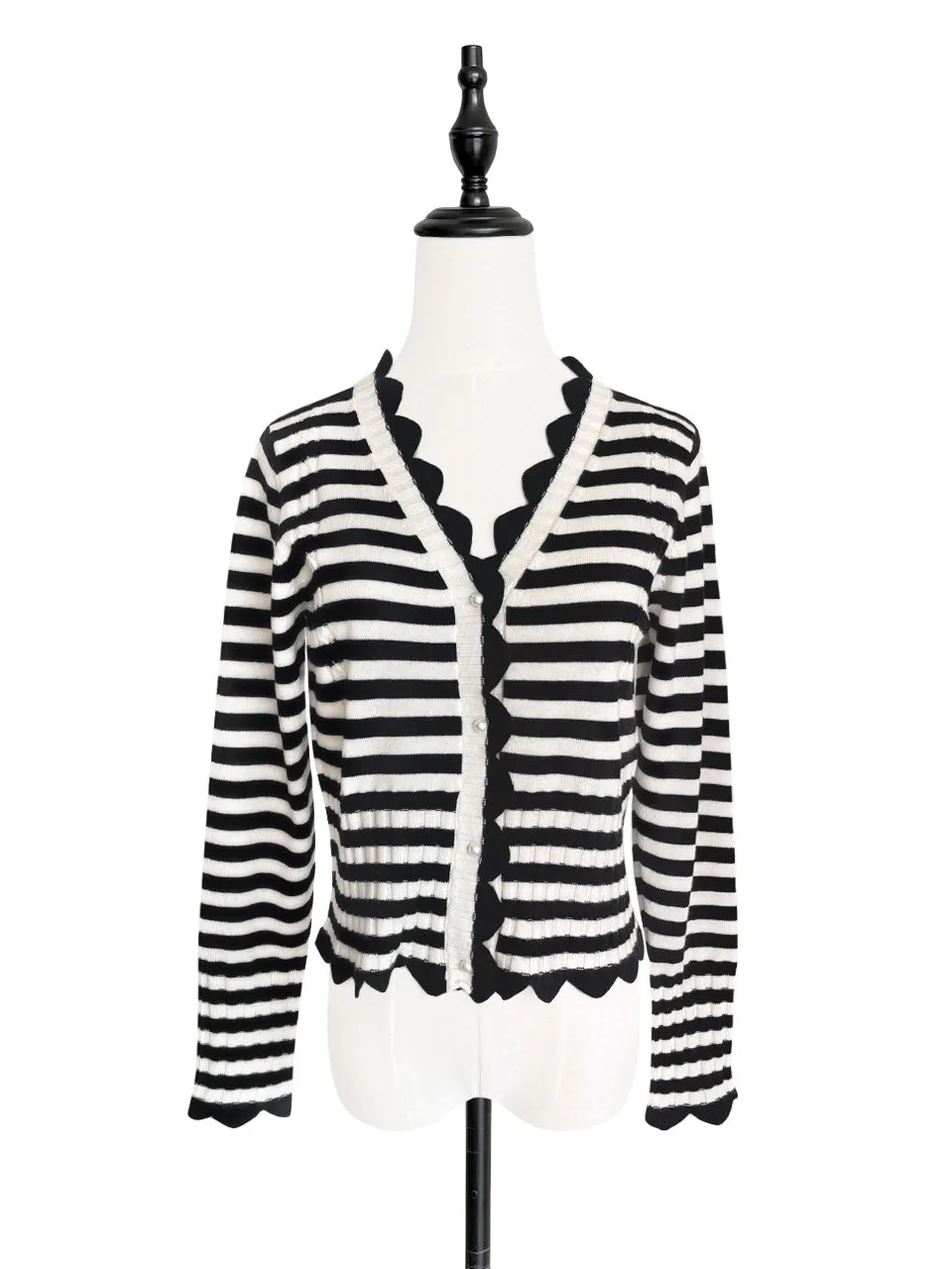 Mono Stripe Scalloped Cashmere & Wool Cropped Cardigan