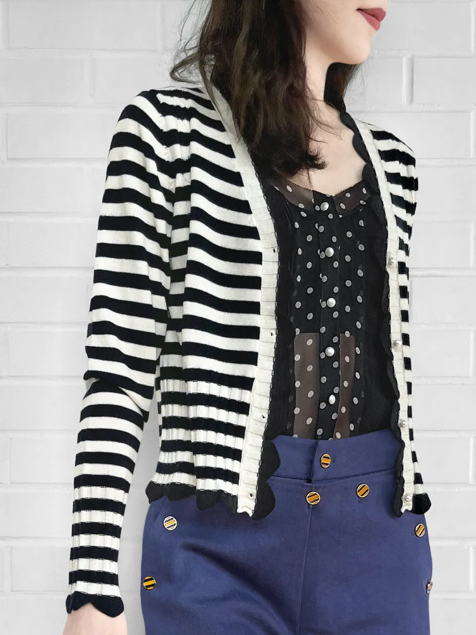 Mono Stripe Scalloped Cashmere & Wool Cropped Cardigan