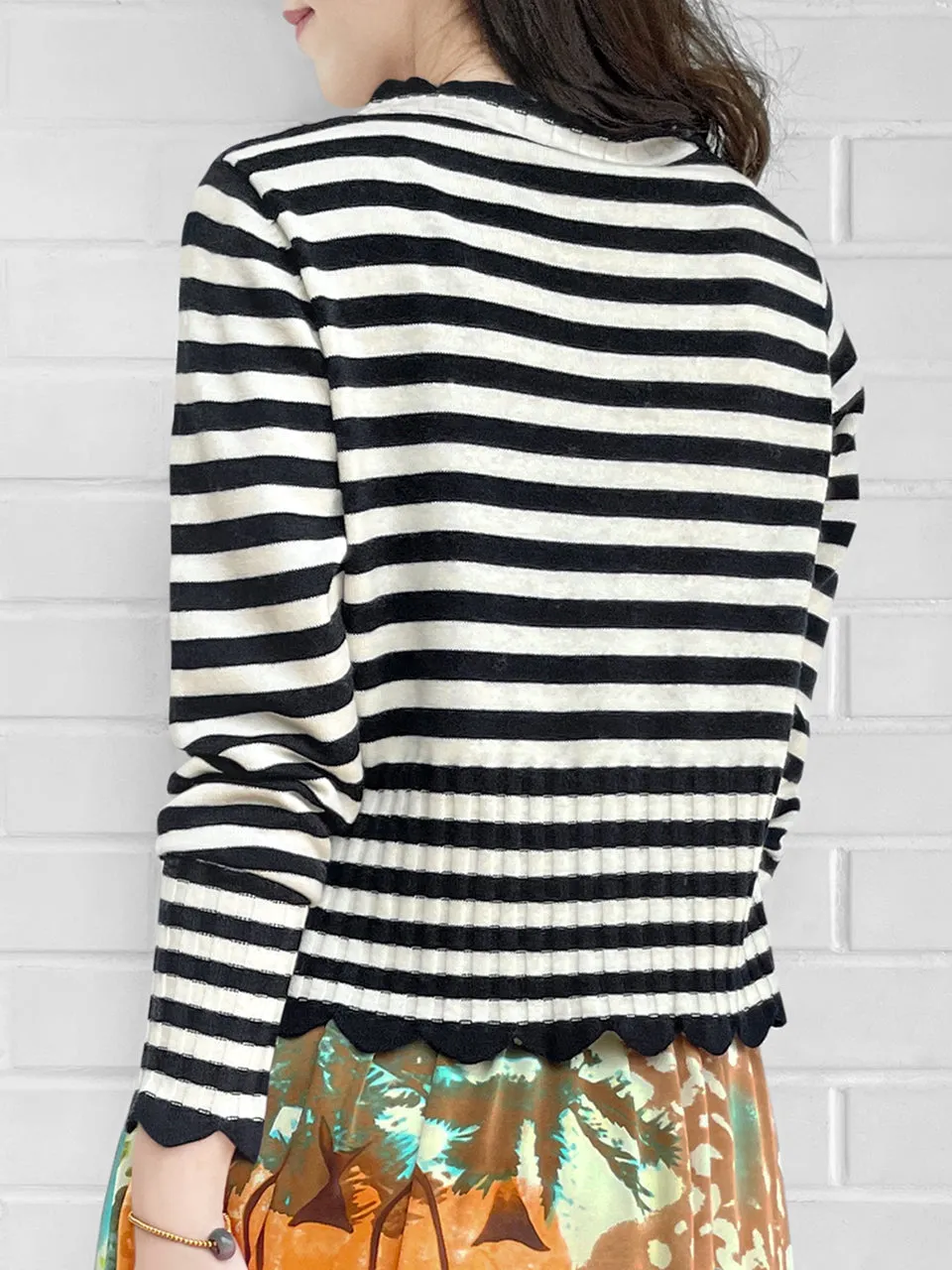 Mono Stripe Scalloped Cashmere & Wool Cropped Cardigan