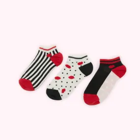 MULTI POLKA DOT AND STRIPE LIPS TRAINER SOCKS - 3 PAIRS