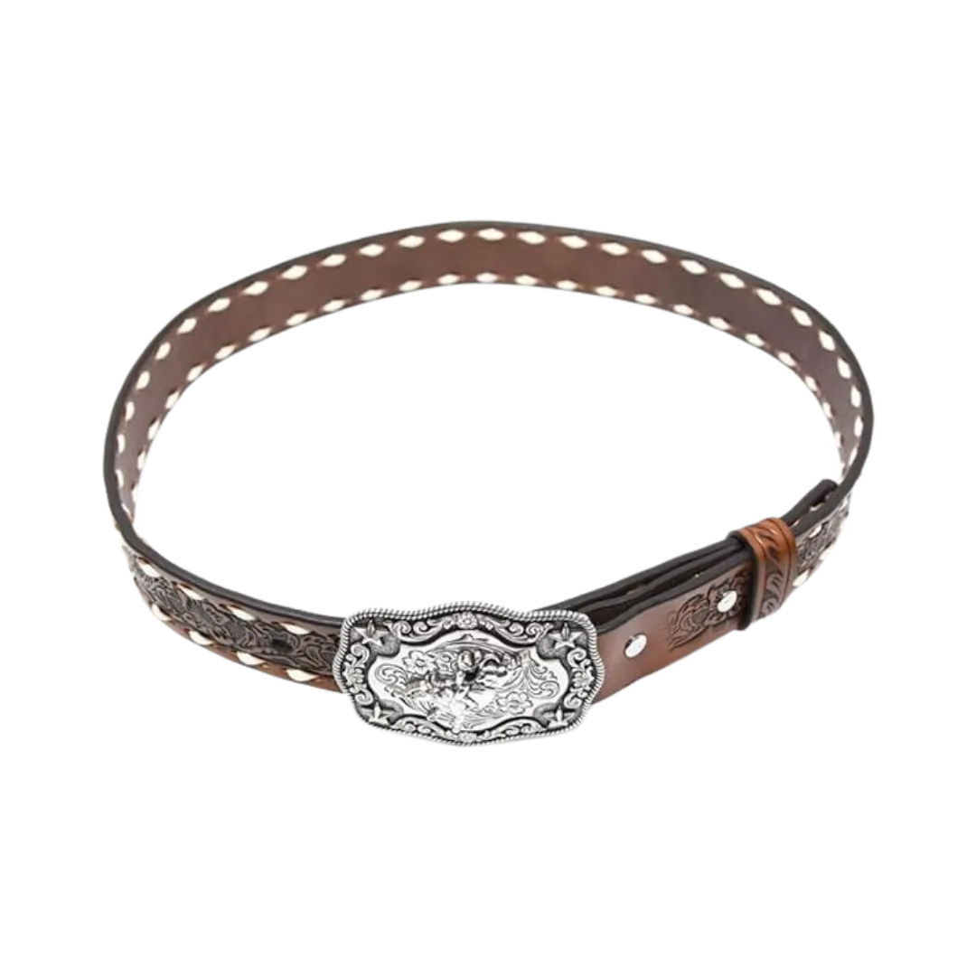 Nocona Boys Floral Embossed Bull Rider Buckle Lacing Belt