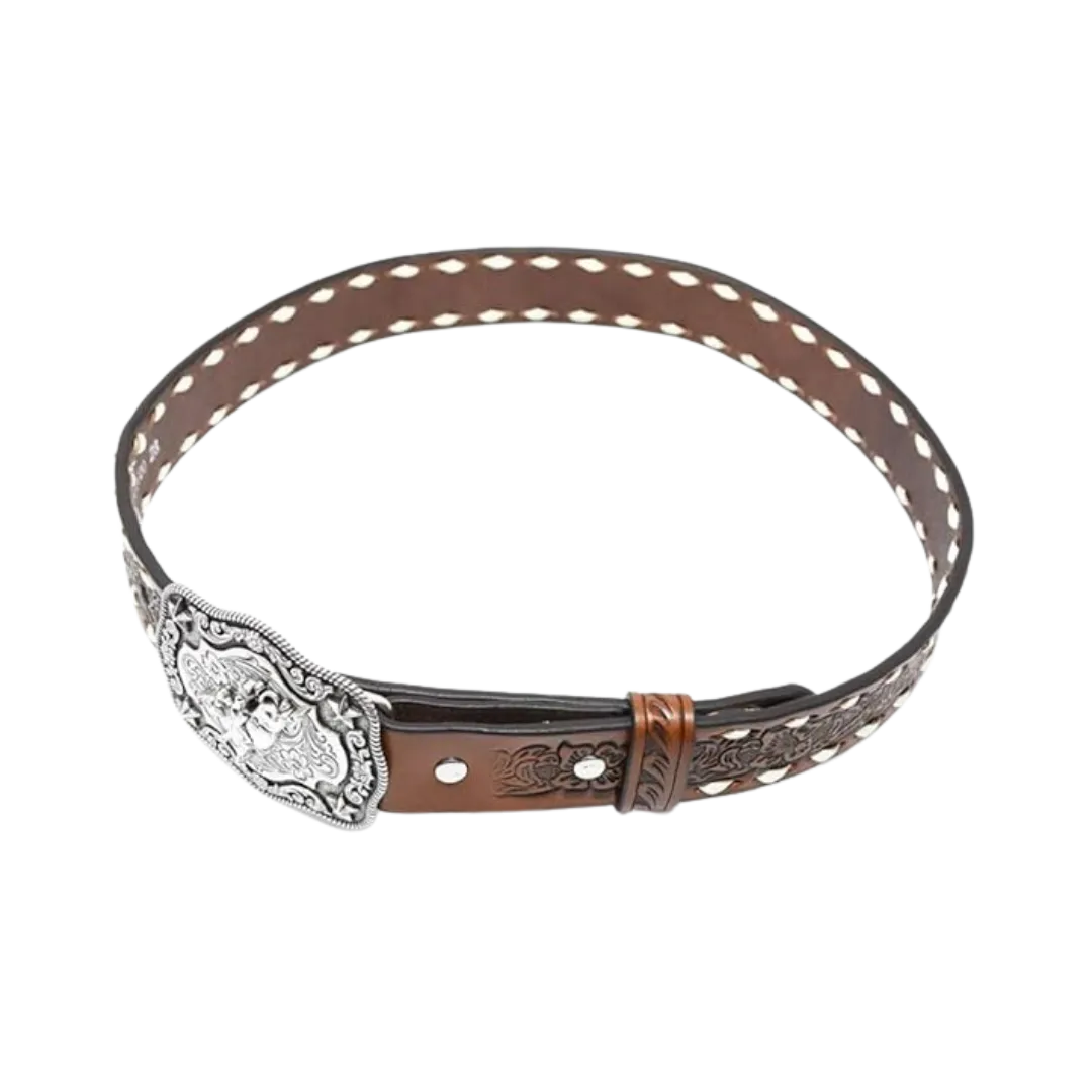 Nocona Boys Floral Embossed Bull Rider Buckle Lacing Belt