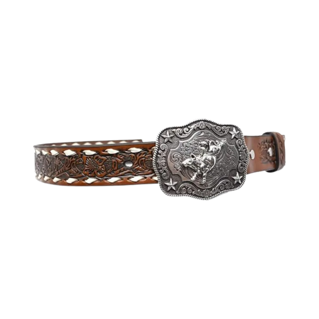 Nocona Boys Floral Embossed Bull Rider Buckle Lacing Belt