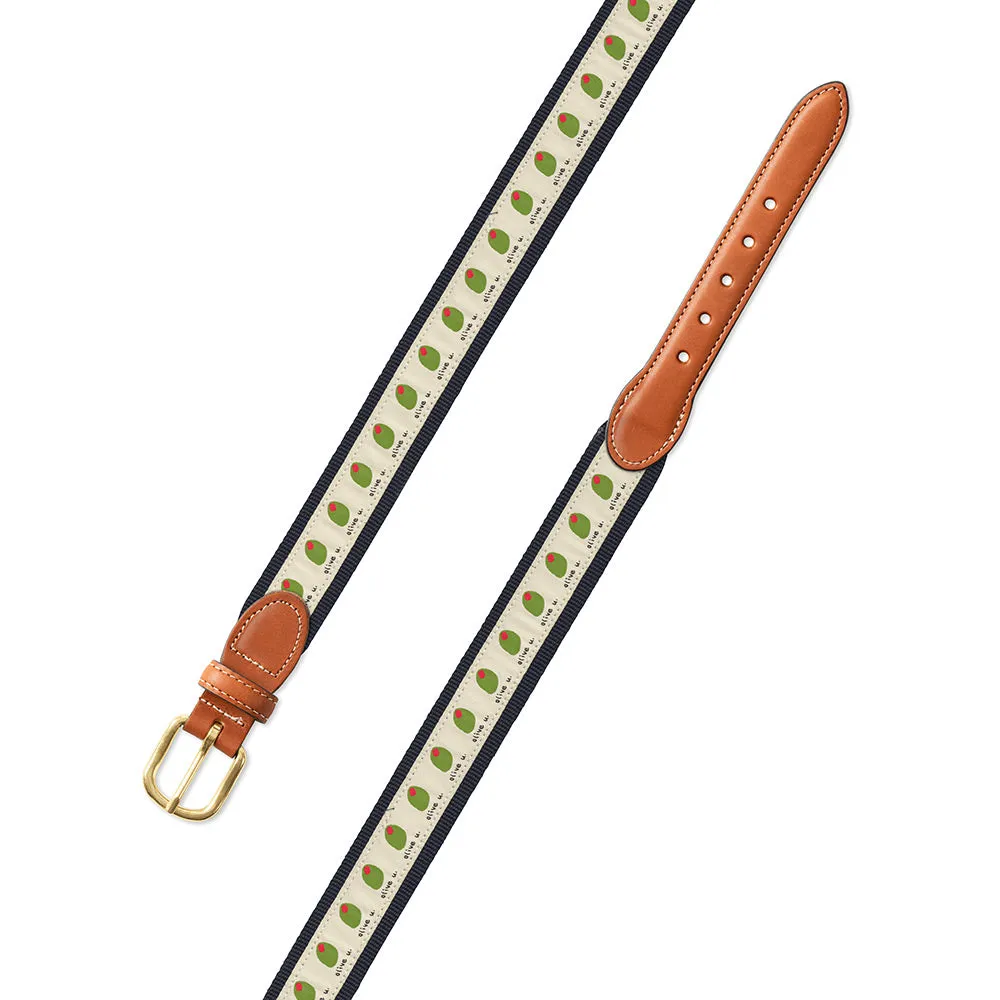 Olive U on Navy Bespoken Motif Leather Tab Belt